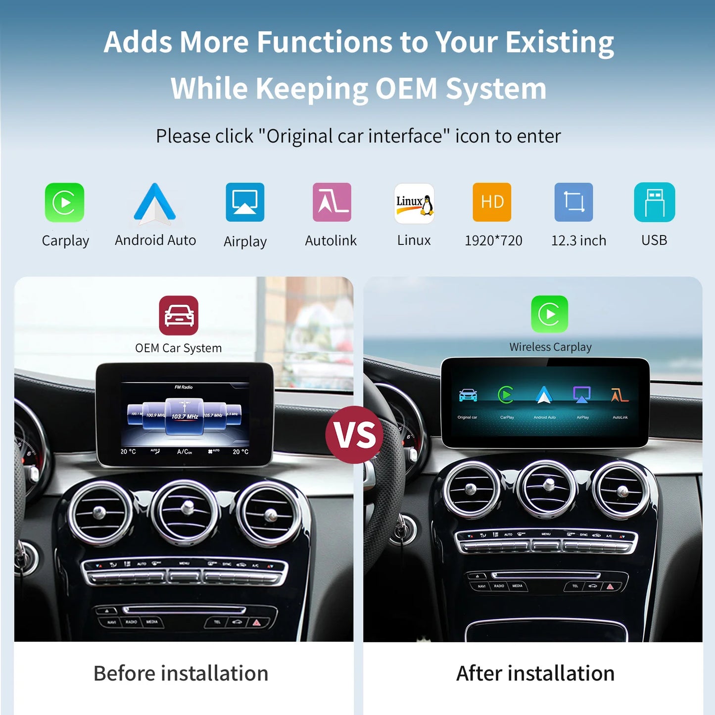 Wireless Carplay/Android Auto 12.3'' Touch screen Multimedia for Mercedes Benz NTG5.0 GLA CLA GLC W205 W176 C117 X156 W212 W167