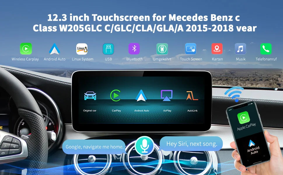 Wireless Carplay/Android Auto 12.3'' Touch screen Multimedia for Mercedes Benz NTG5.0 GLA CLA GLC W205 W176 C117 X156 W212 W167