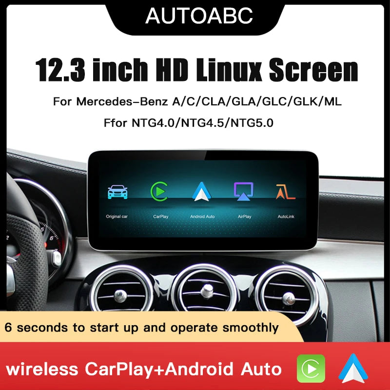 Wireless Carplay/Android Auto 12.3'' Touch screen Multimedia for Mercedes Benz NTG5.0 GLA CLA GLC W205 W176 C117 X156 W212 W167