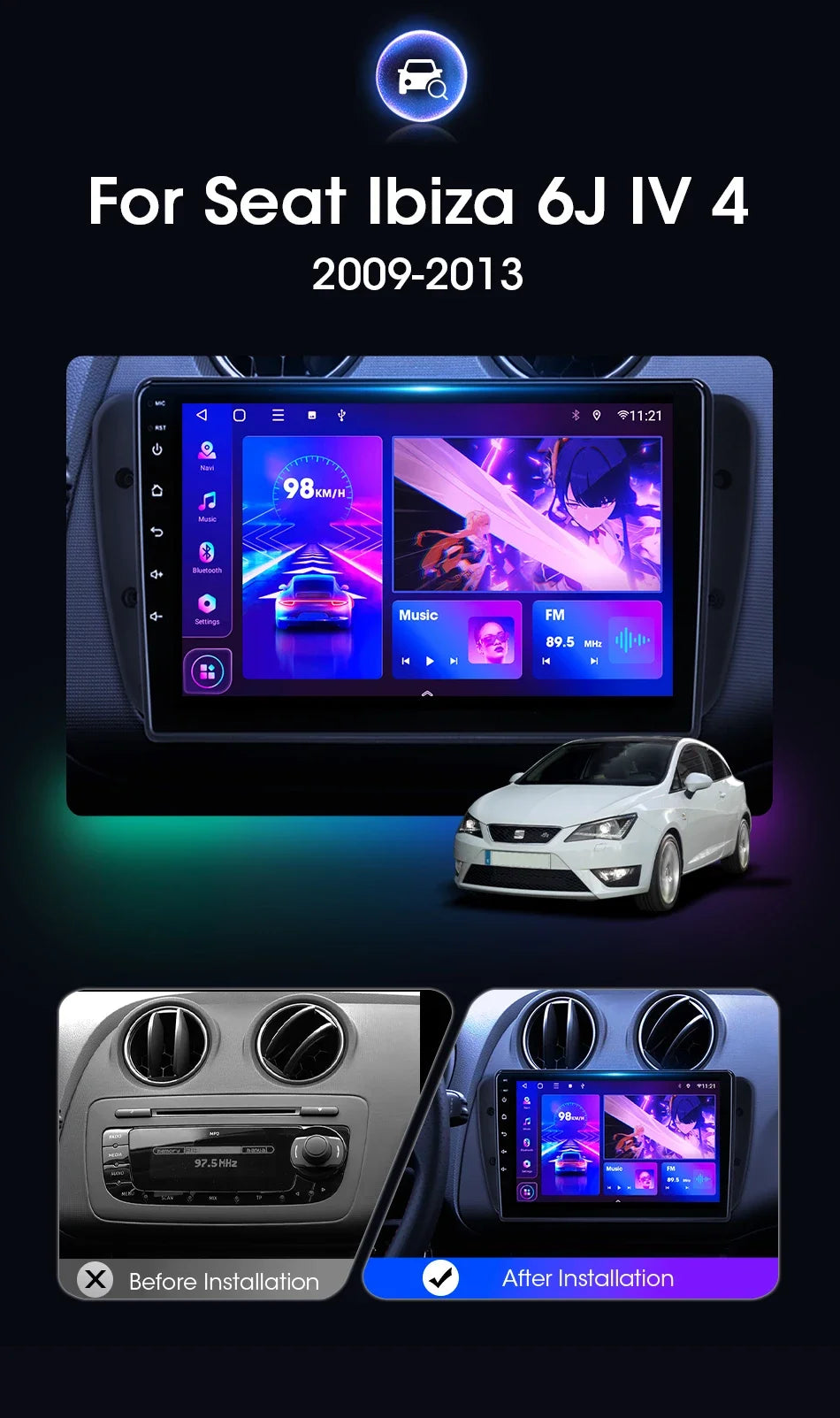 Android 12 Car Radio for Seat Ibiza 6J IV 4 2009-2013 Multimedia Player GPS Navigation 2 DIN Carplay Auto GPS Stereo DVD