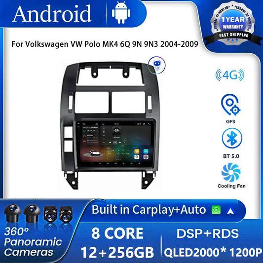 Android 14 Car Radio For Volkswagen VW Polo MK4 6Q 9N 9N3 2004-2009 Multimedia Video Player GPS Carplay QLED Screen Auto Stereo