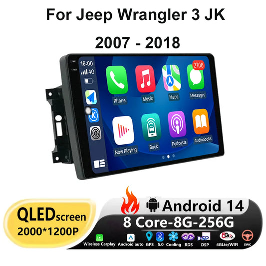 Android 14 For Jeep Wrangler 3 JK 2007 - 2018 Carplay Auto Multimedia Stereo Player GPS Navigation Car Radio 360 Camera 4G WIFI